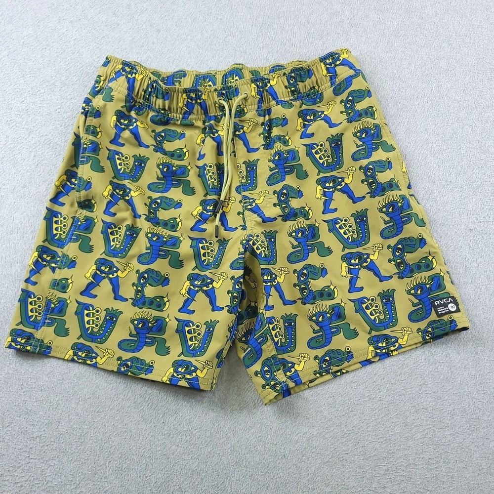 RVCA Shorts Mens Small Yellow Blue Monster Logo Print Swim Board Shorts